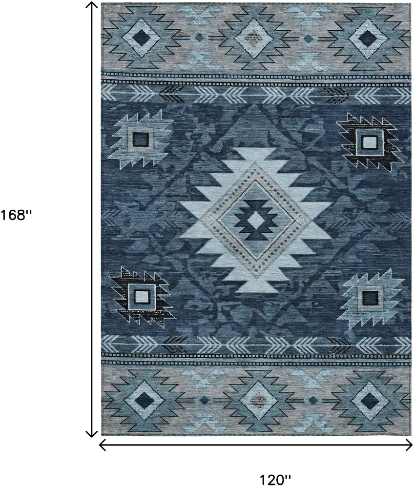 Blue Ivory And Charcoal Tribal Washable Indoor Outdoor Area Rug Photo 9