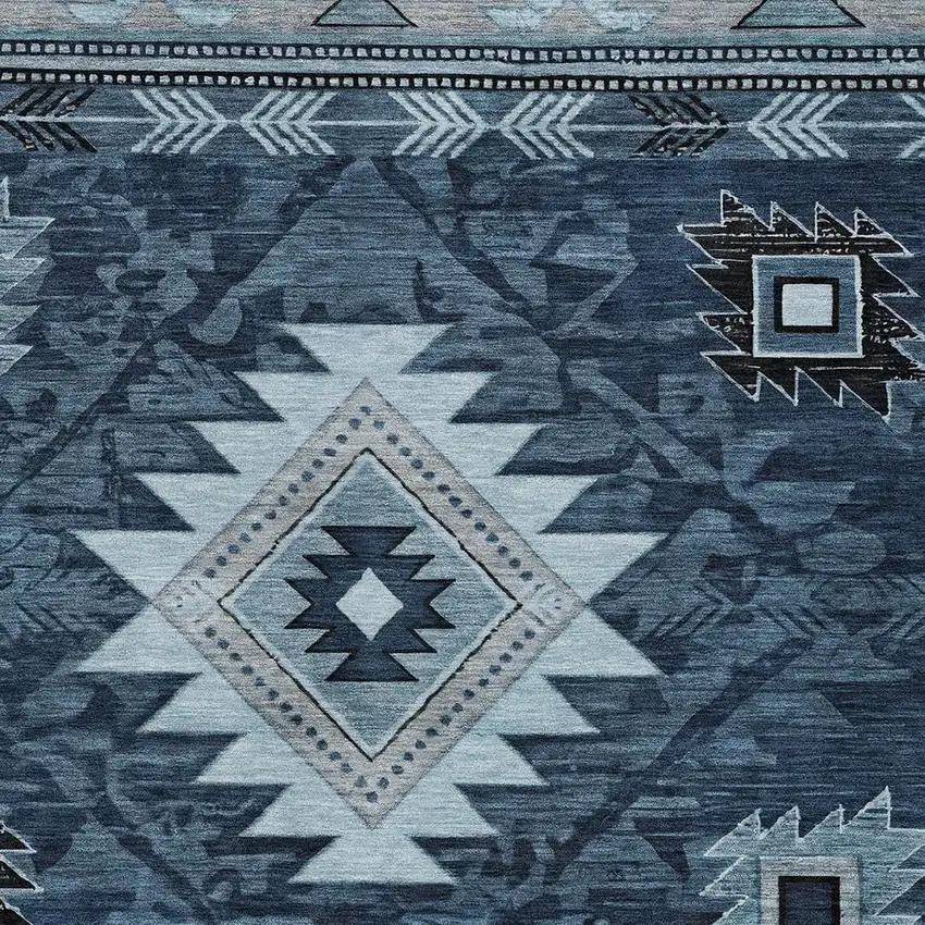 Blue Ivory And Charcoal Tribal Washable Indoor Outdoor Area Rug Photo 6