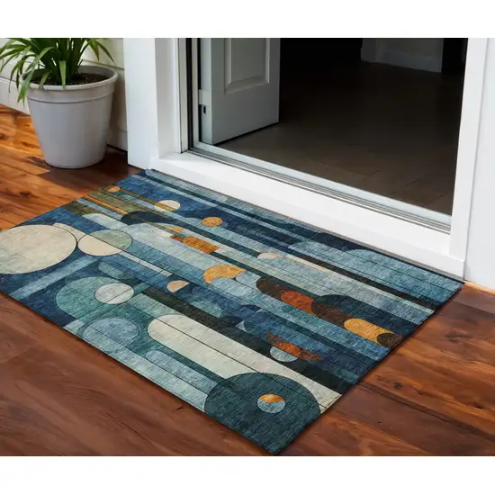 Blue Ivory And Copper Geometric Washable Indoor Outdoor Area Rug Photo 1