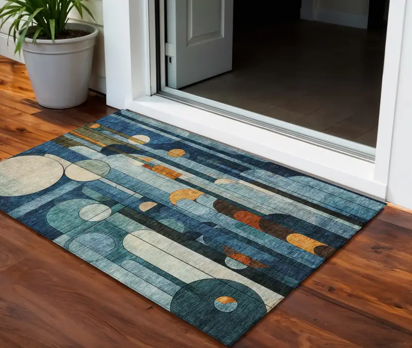 Blue Ivory And Copper Geometric Washable Indoor Outdoor Area Rug Photo 1