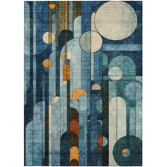 Blue Ivory And Copper Geometric Washable Indoor Outdoor Area Rug Photo 6
