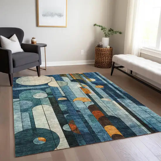 Blue Ivory And Copper Geometric Washable Indoor Outdoor Area Rug Photo 9