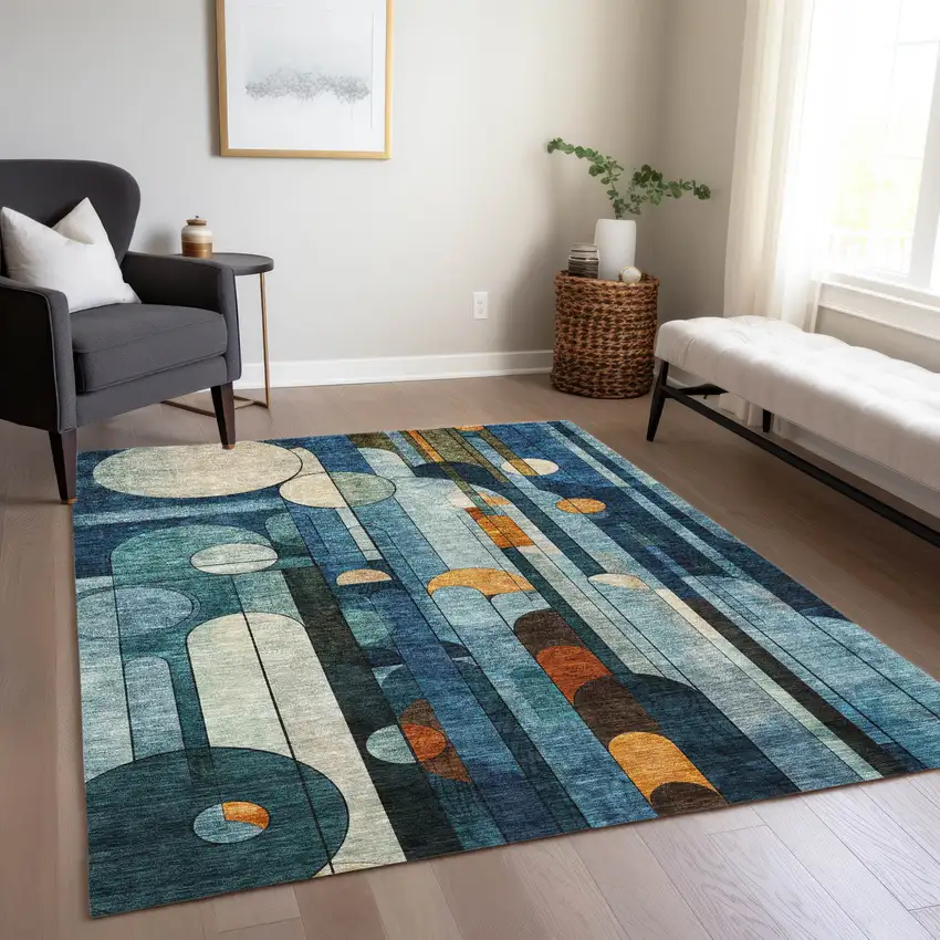 Blue Ivory And Copper Geometric Washable Indoor Outdoor Area Rug Photo 9