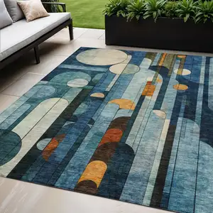 Photo of Blue Ivory And Copper Geometric Washable Indoor Outdoor Area Rug