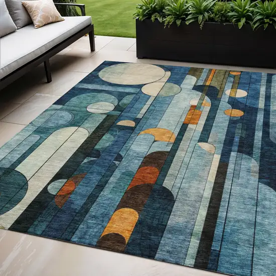 Blue Ivory And Copper Geometric Washable Indoor Outdoor Area Rug Photo 1