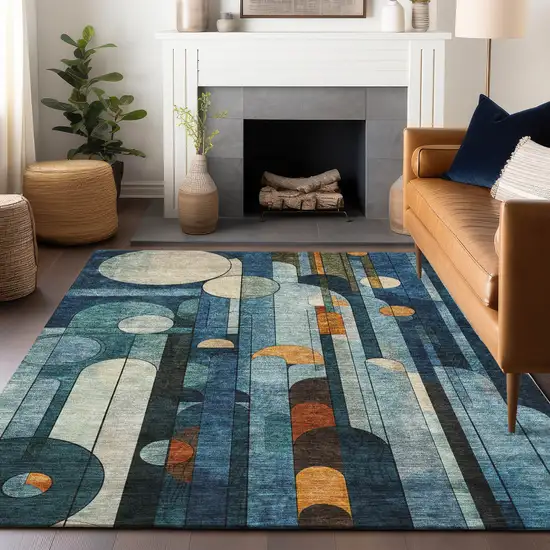 Blue Ivory And Copper Geometric Washable Indoor Outdoor Area Rug Photo 9