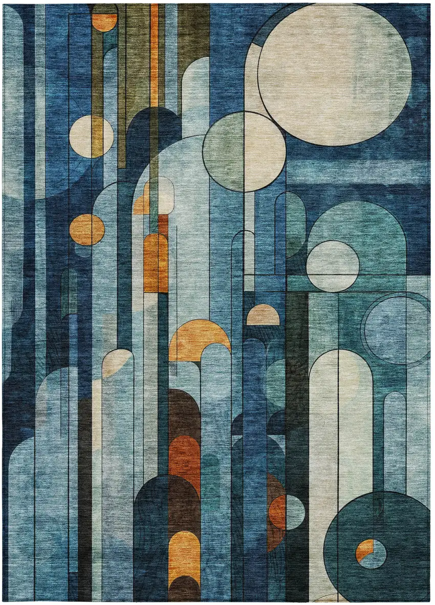 Blue Ivory And Copper Geometric Washable Indoor Outdoor Area Rug Photo 7