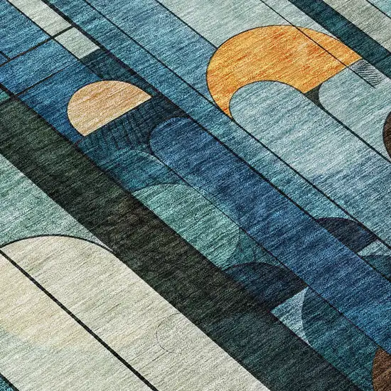 Blue Ivory And Copper Geometric Washable Indoor Outdoor Area Rug Photo 5
