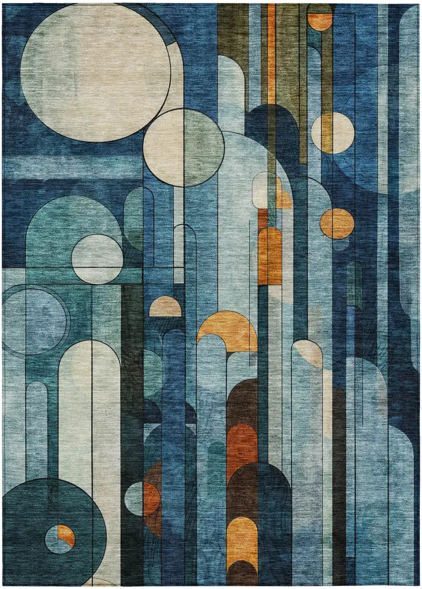 Blue Ivory And Copper Geometric Washable Indoor Outdoor Area Rug Photo 2