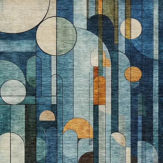 Blue Ivory And Copper Geometric Washable Indoor Outdoor Area Rug Photo 5