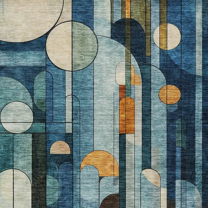 Blue Ivory And Copper Geometric Washable Indoor Outdoor Area Rug Photo 5