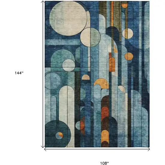 Blue Ivory And Copper Geometric Washable Indoor Outdoor Area Rug Photo 8