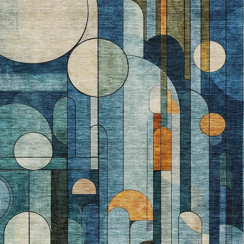 Blue Ivory And Copper Geometric Washable Indoor Outdoor Area Rug Photo 5