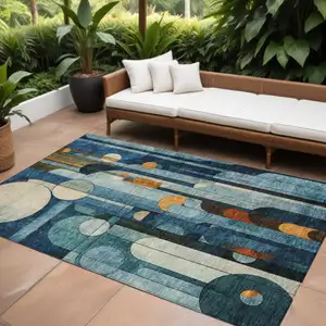 Photo of Blue Ivory And Copper Geometric Washable Indoor Outdoor Area Rug