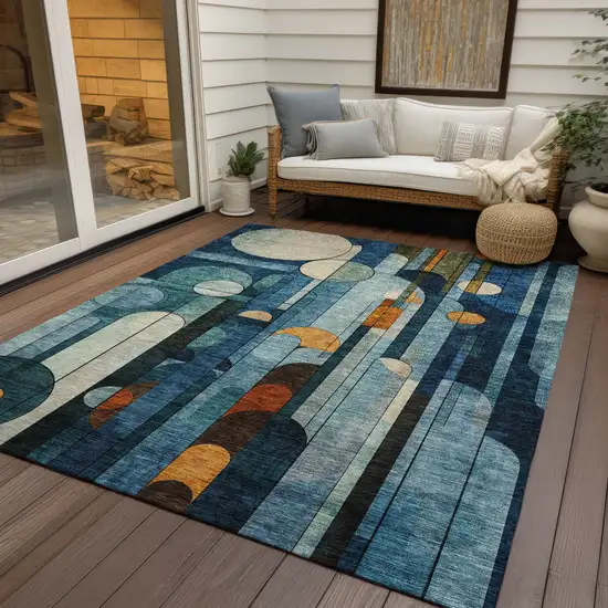 Blue Ivory And Copper Geometric Washable Indoor Outdoor Area Rug Photo 8
