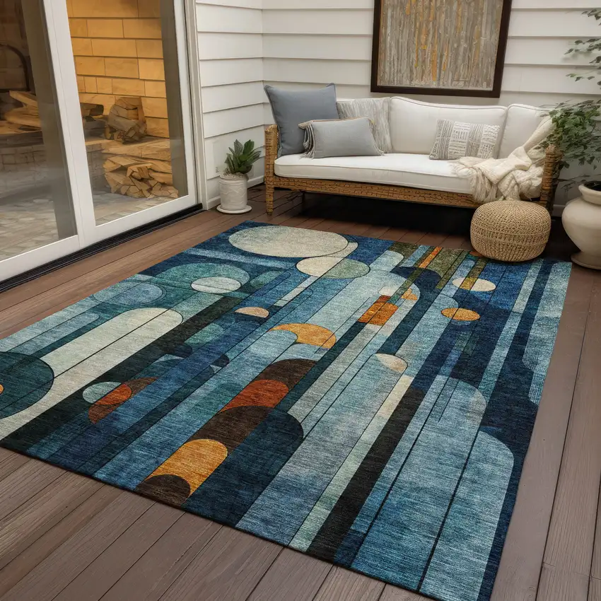 Blue Ivory And Copper Geometric Washable Indoor Outdoor Area Rug Photo 8