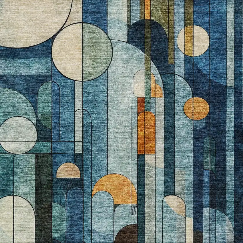 Blue Ivory And Copper Geometric Washable Indoor Outdoor Area Rug Photo 5