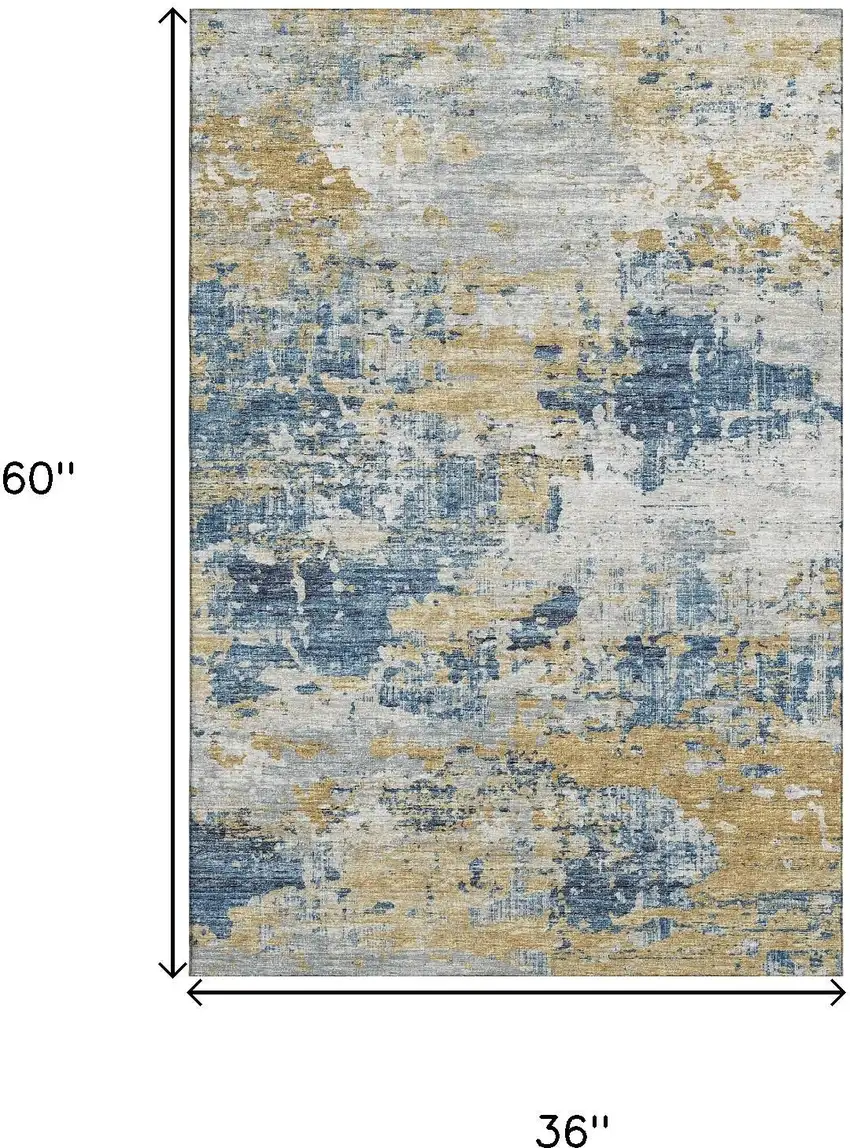 Blue Ivory And Gold Abstract Washable Area Rug With UV Protection Photo 3