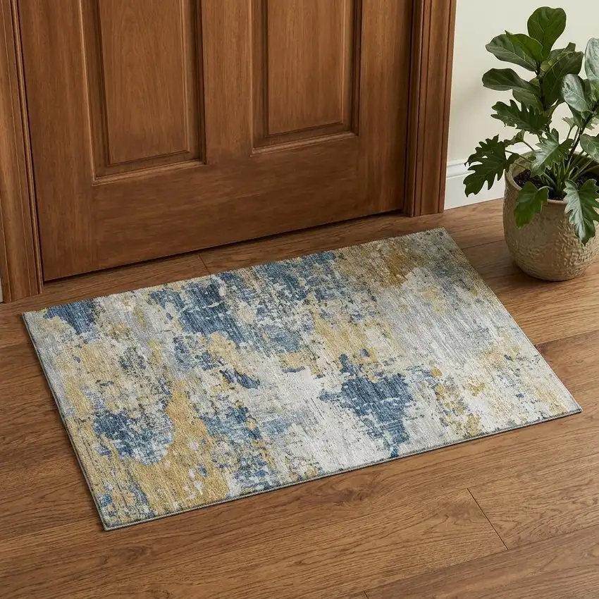 Blue Ivory And Gold Abstract Washable Area Rug With UV Protection Photo 1