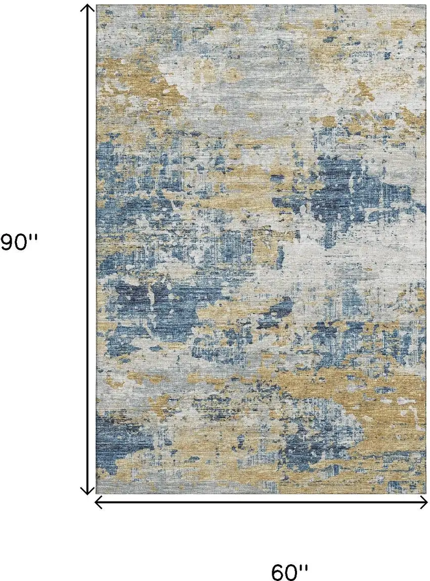 Blue Ivory And Gold Abstract Washable Area Rug With UV Protection Photo 3