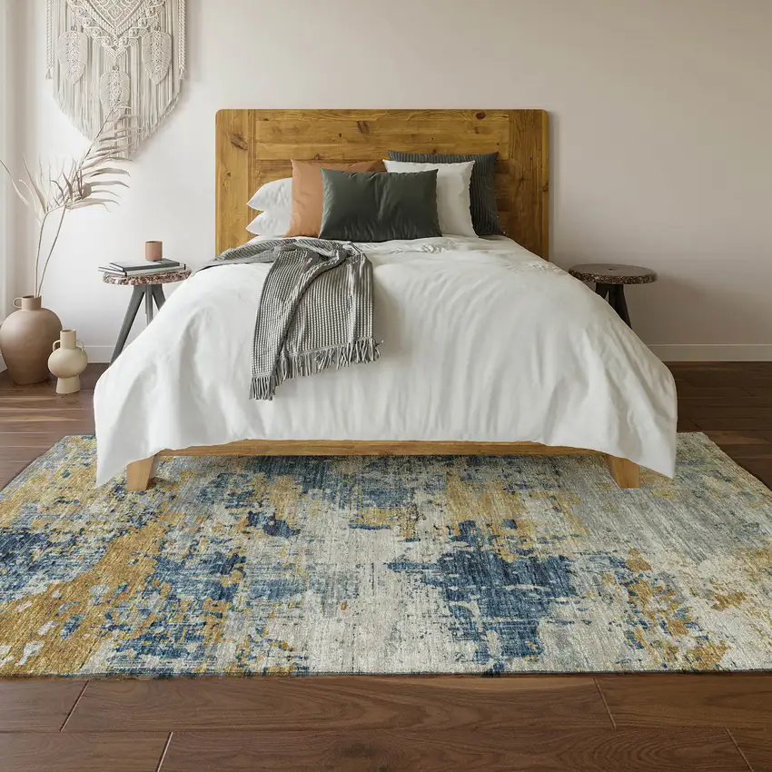 Blue Ivory And Gold Abstract Washable Area Rug With UV Protection Photo 7