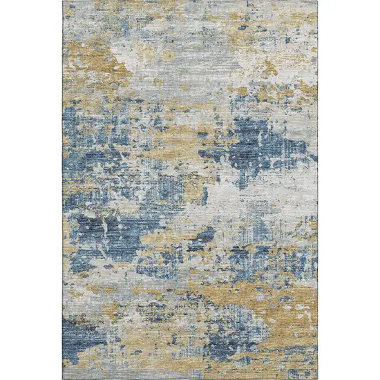 Blue Ivory And Gold Abstract Washable Area Rug With UV Protection Photo 2