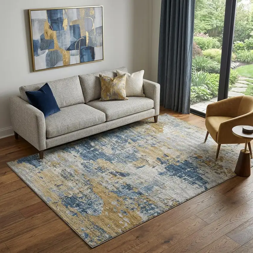 Blue Ivory And Gold Abstract Washable Area Rug With UV Protection Photo 1