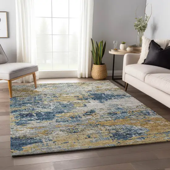 Blue Ivory And Gold Abstract Washable Area Rug With UV Protection Photo 6