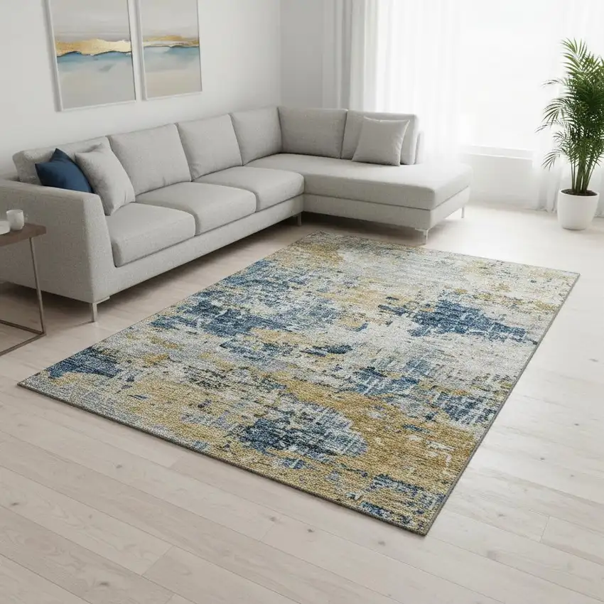 Blue Ivory And Gold Abstract Washable Area Rug With UV Protection Photo 1