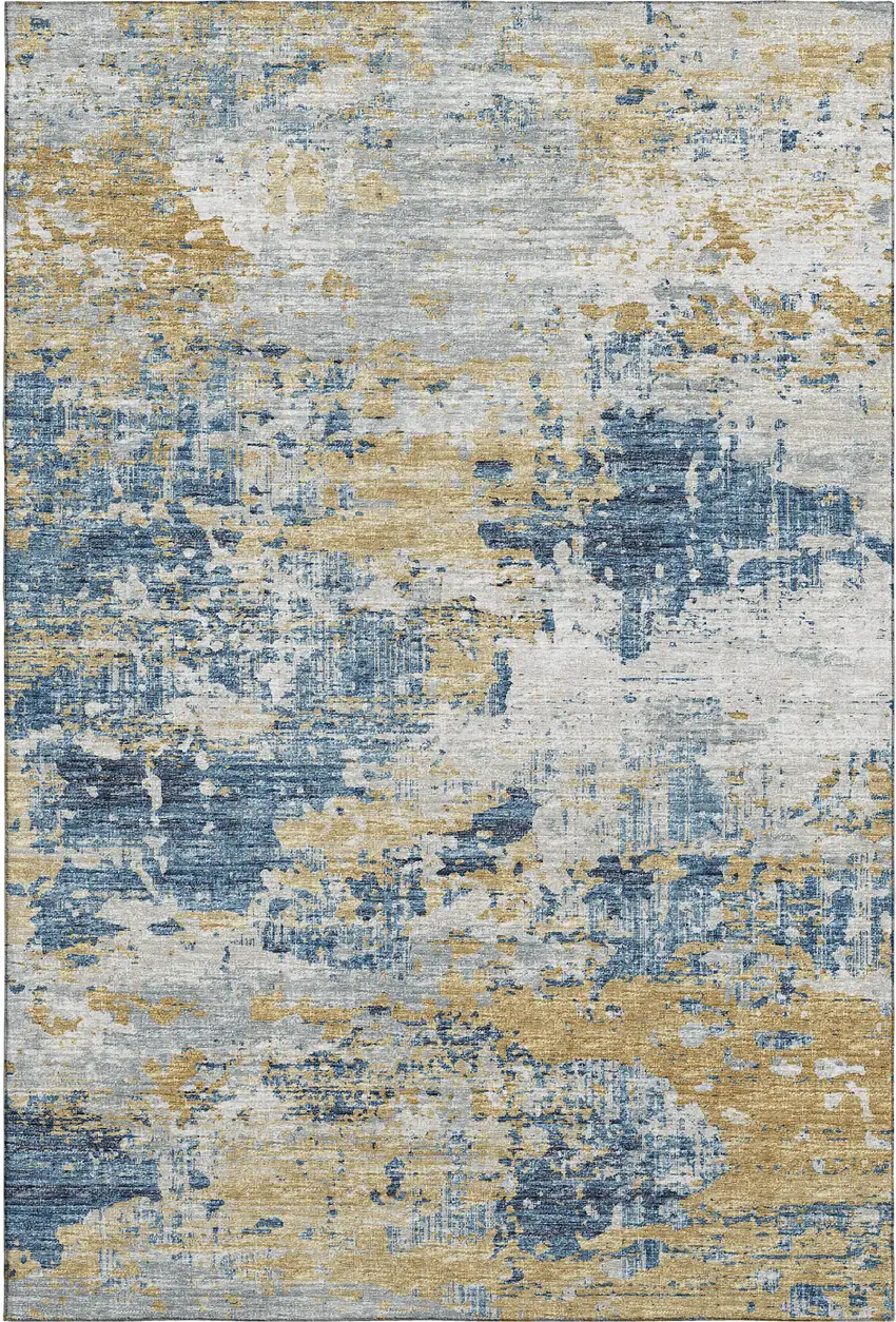 Blue Ivory And Gold Abstract Washable Area Rug With UV Protection Photo 2