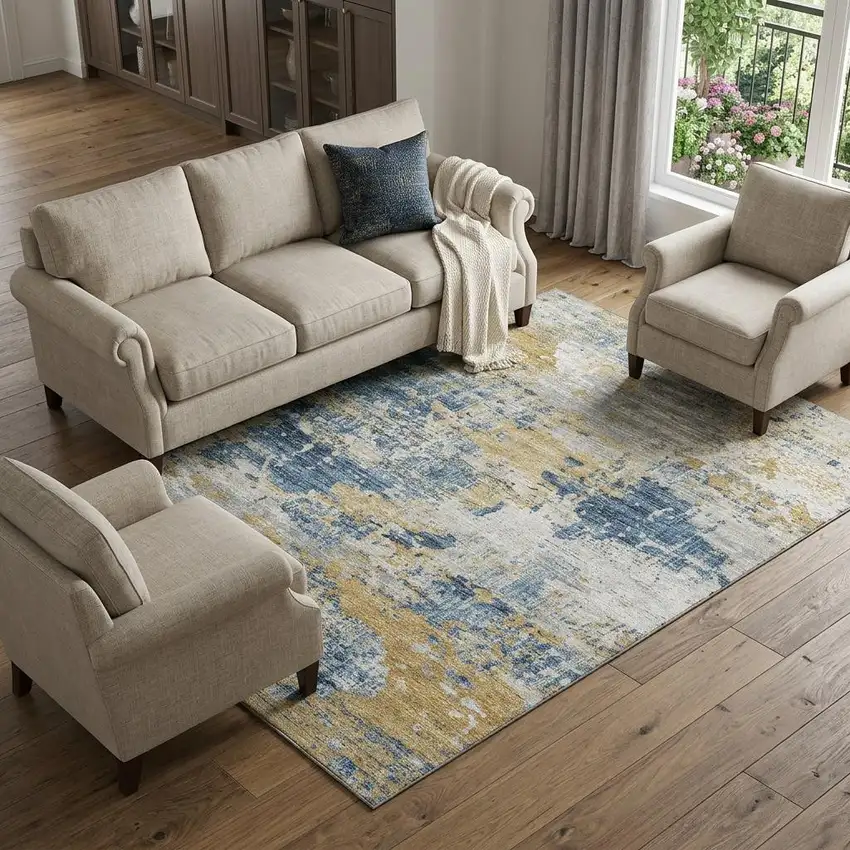 Blue Ivory And Gold Abstract Washable Area Rug With UV Protection Photo 1