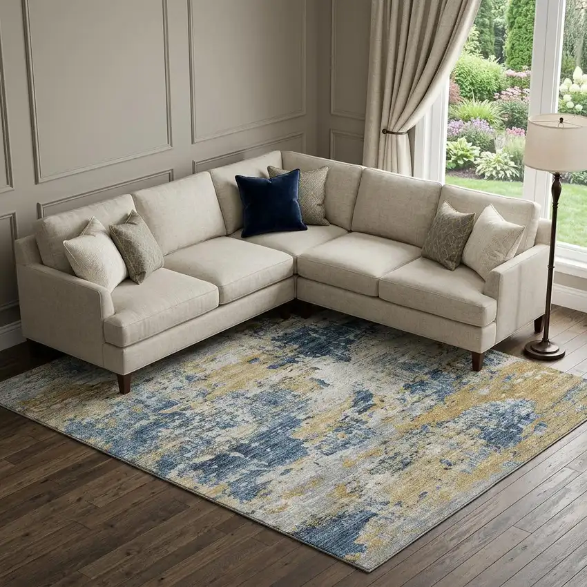 Blue Ivory And Gold Abstract Washable Area Rug With UV Protection Photo 1