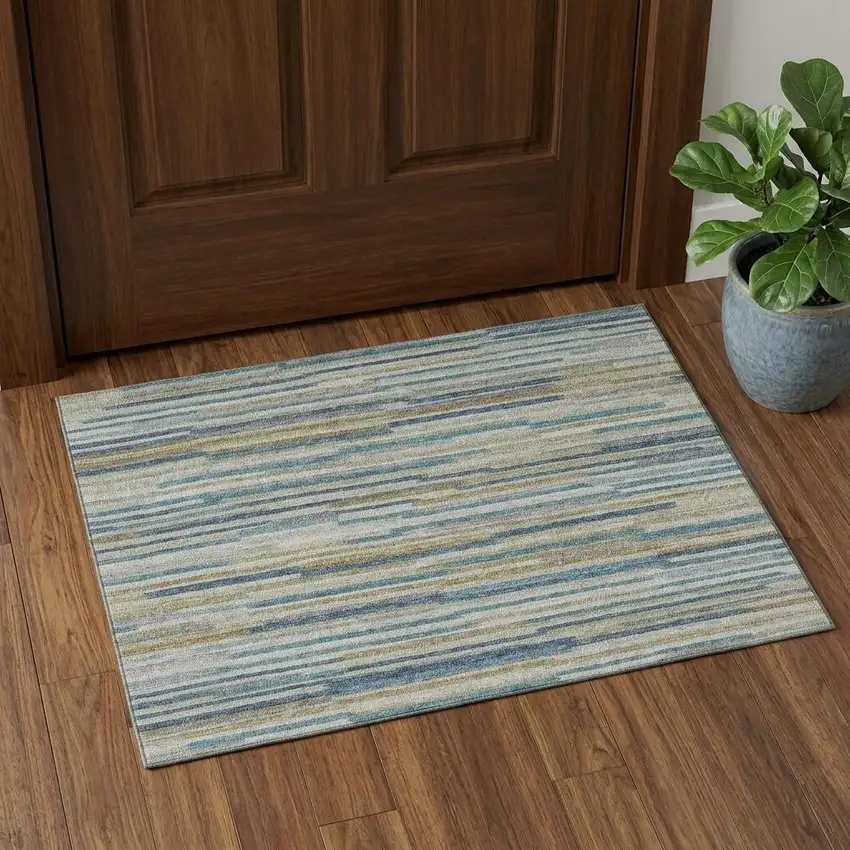 Blue Ivory And Gold Abstract Washable Area Rug With UV Protection Photo 1