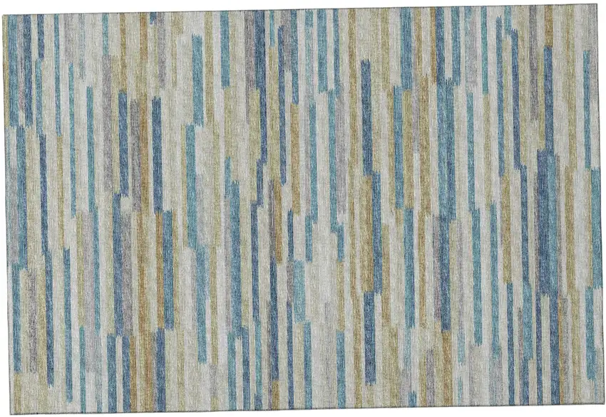 Blue Ivory And Gold Abstract Washable Area Rug With UV Protection Photo 2