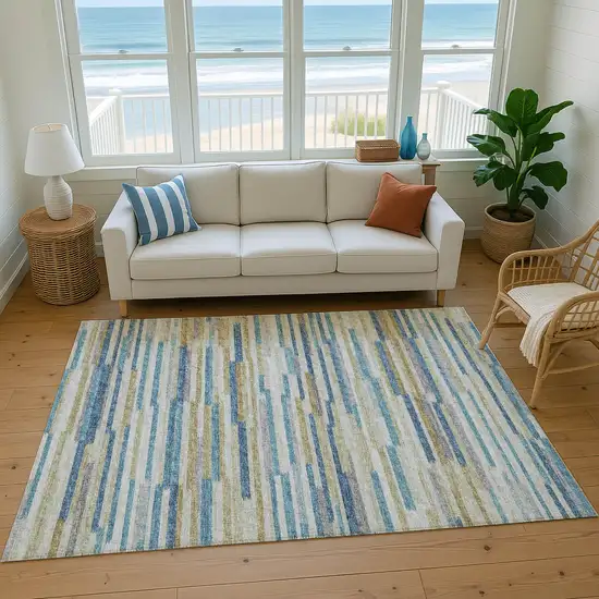 Blue Ivory And Gold Abstract Washable Area Rug With UV Protection Photo 5