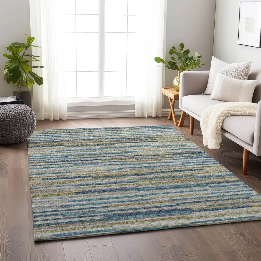 Blue Ivory And Gold Abstract Washable Area Rug With UV Protection Photo 4