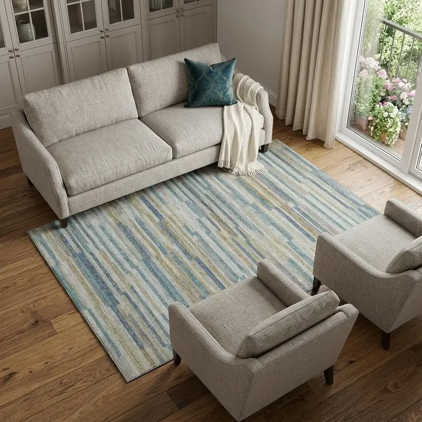 Blue Ivory And Gold Abstract Washable Area Rug With UV Protection Photo 1