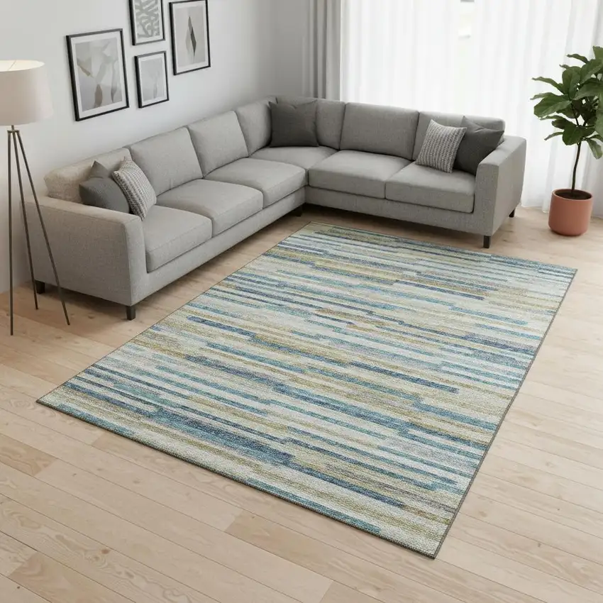 Blue Ivory And Gold Abstract Washable Area Rug With UV Protection Photo 1