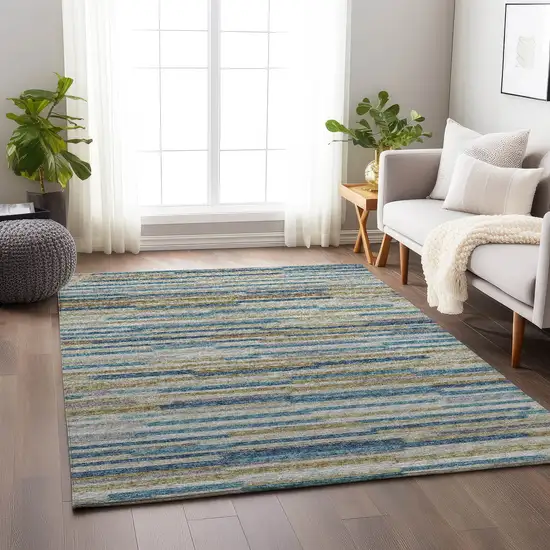Blue Ivory And Gold Abstract Washable Area Rug With UV Protection Photo 4