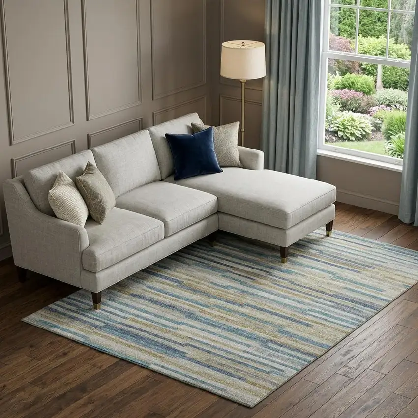 Blue Ivory And Gold Abstract Washable Area Rug With UV Protection Photo 1
