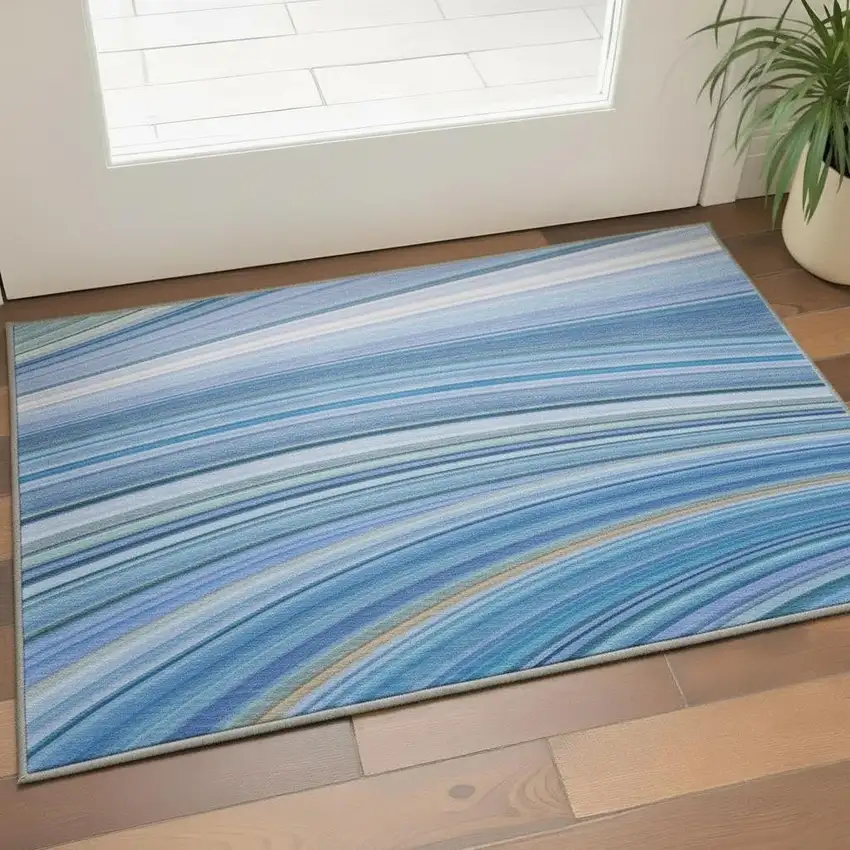 Blue Ivory And Gold Abstract Washable Area Rug With UV Protection Photo 1