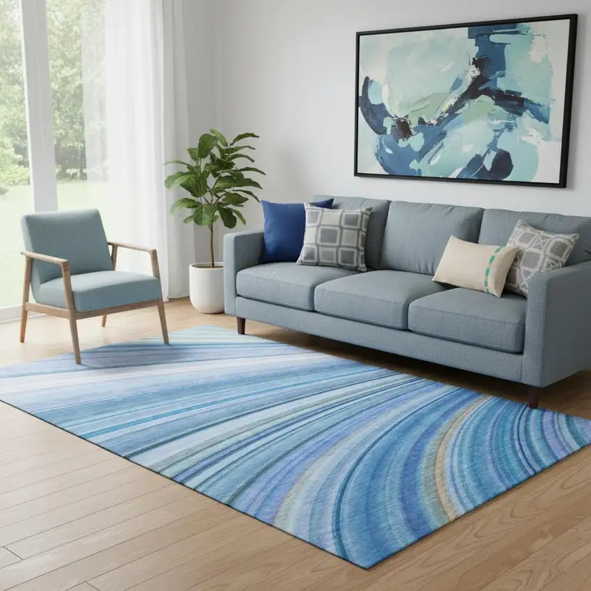 Blue Ivory And Gold Abstract Washable Area Rug With UV Protection Photo 1