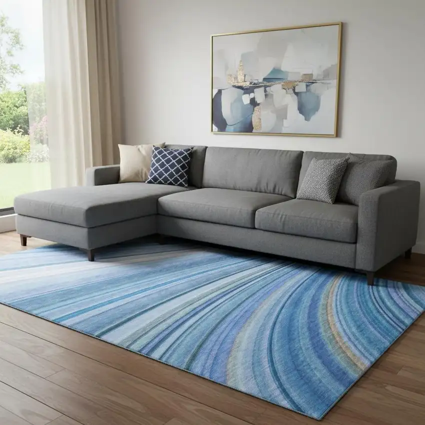 Blue Ivory And Gold Abstract Washable Area Rug With UV Protection Photo 1