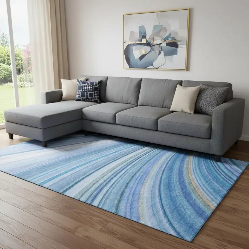 Blue Ivory And Gold Abstract Washable Area Rug With UV Protection Photo 1