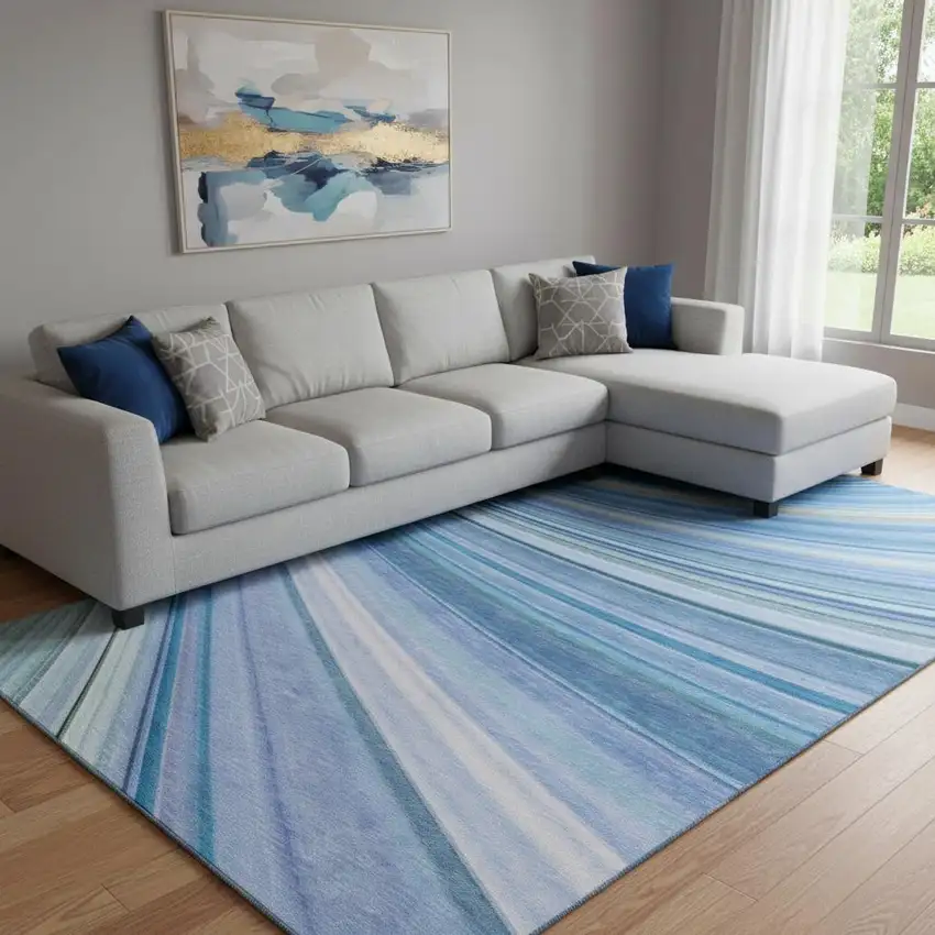 Blue Ivory And Gold Abstract Washable Area Rug With UV Protection Photo 1
