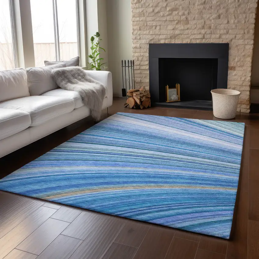 Blue Ivory And Gold Abstract Washable Area Rug With UV Protection Photo 8