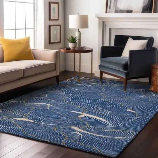 Blue Ivory And Gold Abstract Washable Area Rug With UV Protection Photo 4