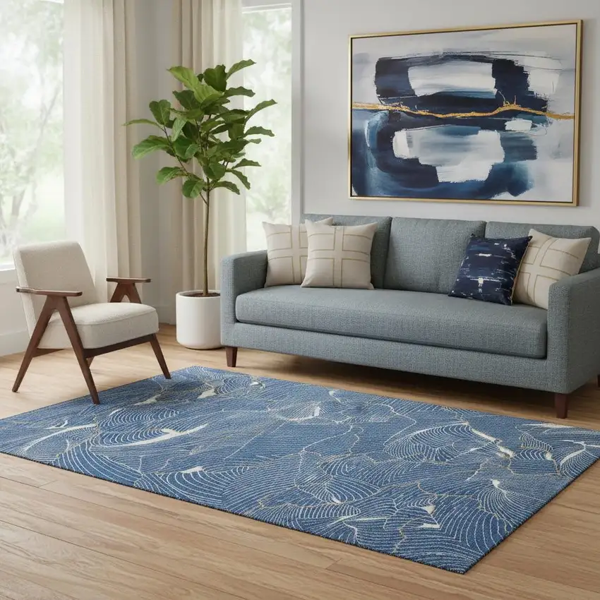 Blue Ivory And Gold Abstract Washable Area Rug With UV Protection Photo 2