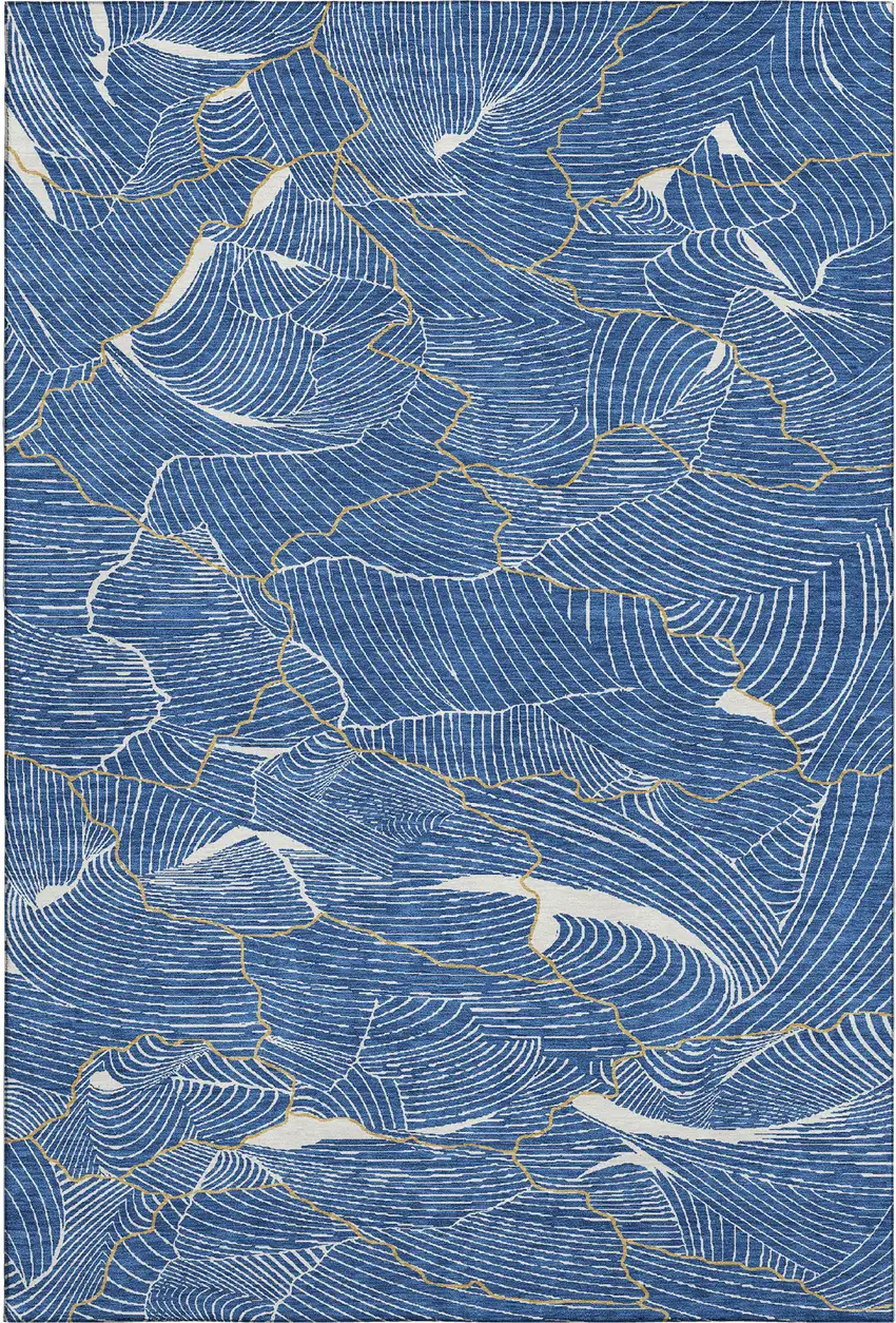 Blue Ivory And Gold Abstract Washable Area Rug With UV Protection Photo 1