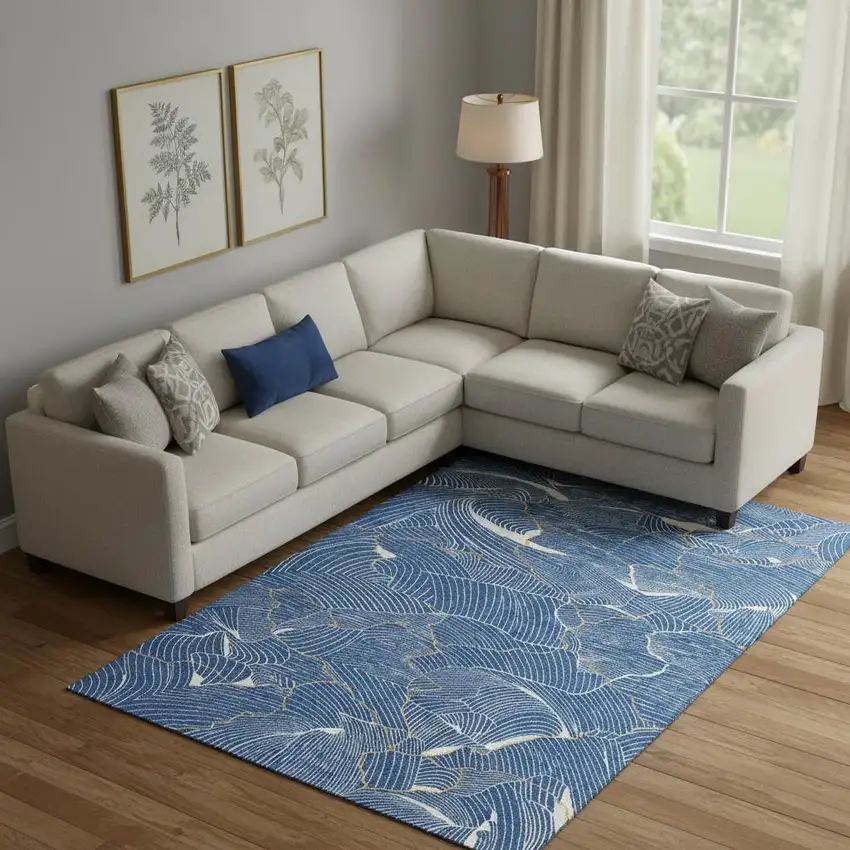 Blue Ivory And Gold Abstract Washable Area Rug With UV Protection Photo 2